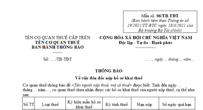 Mẫu thông báo về việc đôn đốc nộp hồ sơ khai thuế trong giao dịch thuế điện tử mới nhất là mẫu nào? Tải về?