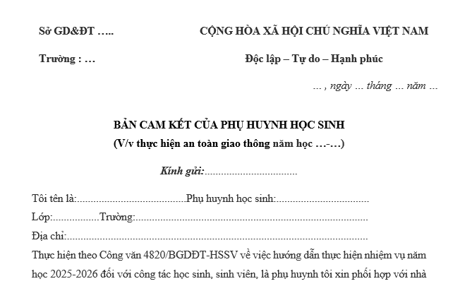 Mẫu cam kết không giao xe cho người chưa đủ tuổi, chưa có giấy phép lái xe