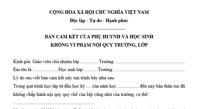 Mẫu Cam kết của phụ huynh và học sinh không vi phạm nội quy nhà trường, lớp học mới nhất?