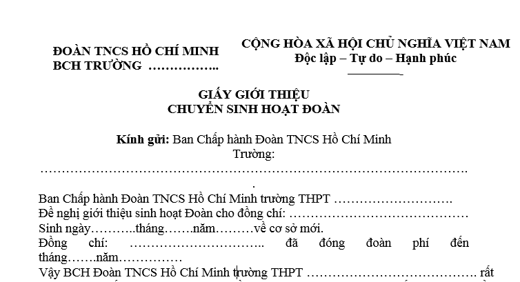 Mẫu giấy giới thiệu chuyển sinh hoạt đoàn mới nhất là mẫu nào? Tải về giấy chuyển sinh hoạt đoàn?