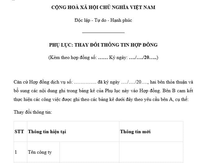 Mẫu Phụ lục thay đổi thông tin trong hợp đồng mới nhất là mẫu nào? Tải về phụ lục thay đổi thông tin trong hợp đồng?
