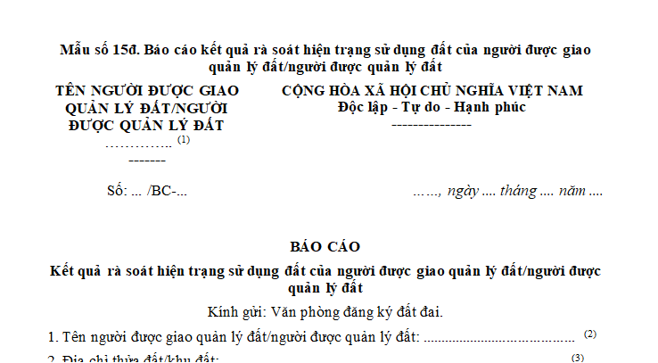 Mẫu báo cáo kết quả rà soát hiện trạng sử dụng đất của người được giao quản lý đất/người được quản lý đất theo Nghị định 151?
