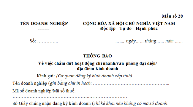 Mẫu Thông báo về việc chấm dứt hoạt động chi nhánh, văn phòng đại diện, địa điểm kinh doanh theo Thông tư 68?
