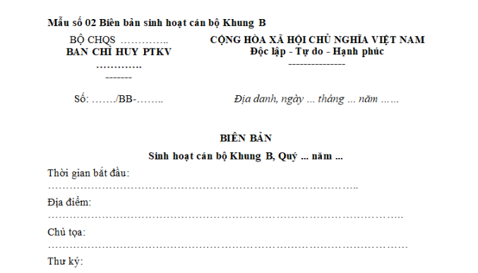 Mẫu Biên bản sinh hoạt cán bộ Khung B theo Thông tư 65 mới nhất? Tải về biên bản sinh hoạt cán bộ Khung B?