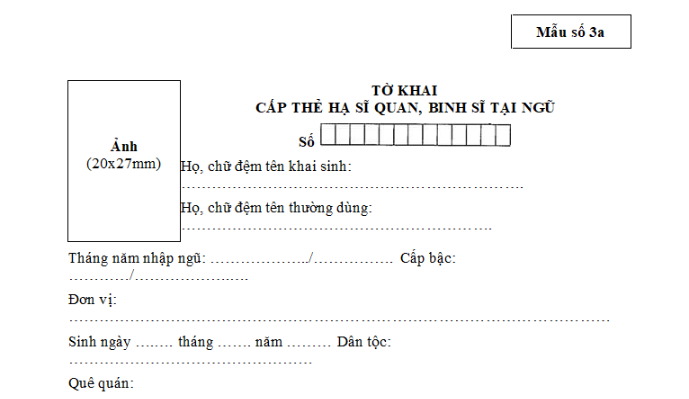 Mẫu Tờ khai cấp thẻ hạ sĩ quan, binh sĩ tại ngũ mới nhất theo Thông tư 65 là mẫu nào? Tải về ở đâu?