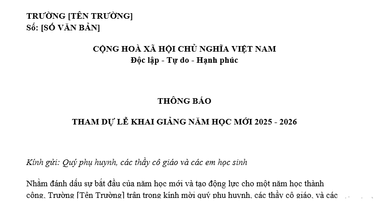 Mẫu Thông báo tham dự Lễ Khai giảng năm học 2025 - 2026 mới nhất? Tải về thông báo tham dự Lễ Khai giảng?