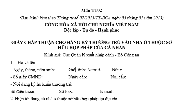 Mẫu giấy chấp thuận cho đăng ký thường trú vào nhà ở thuộc sở hữu hợp pháp của cá nhân mới nhất?