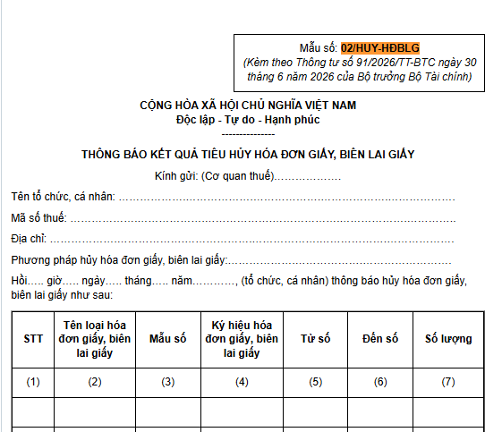 Mẫu 02/HUY-HĐBLG Thông báo kết quả tiêu hủy hóa đơn giấy biên lai giấy theo Thông tư 91? Tải về?