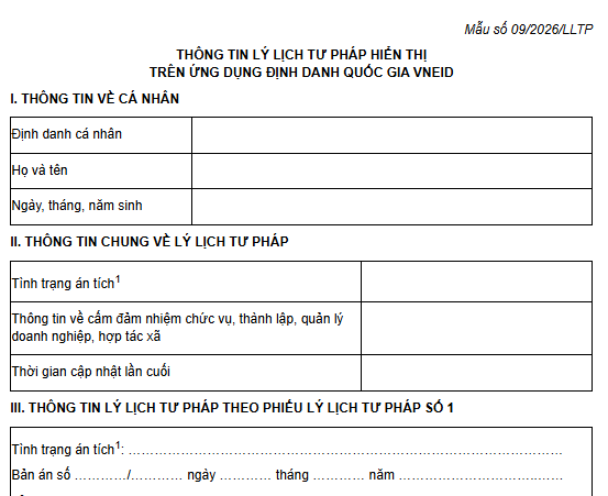 Mẫu Thông tin lý lịch tư pháp hiển thị trên Ứng dụng định danh quốc gia theo Thông tư 101 là mẫu nào?