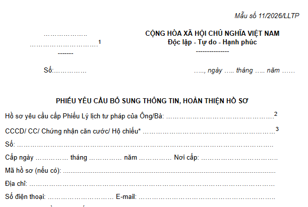 Mẫu Phiếu yêu cầu bổ sung thông tin hoàn thiện hồ sơ cấp Phiếu lý lịch tư pháp theo Thông tư 101 là mẫu nào?