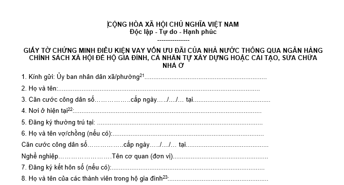 Mẫu Giấy tờ chứng minh điều kiện vay vốn ưu đãi để hộ gia đình, cá nhân tự xây dựng hoặc cải tạo, sửa chữa nhà ở?