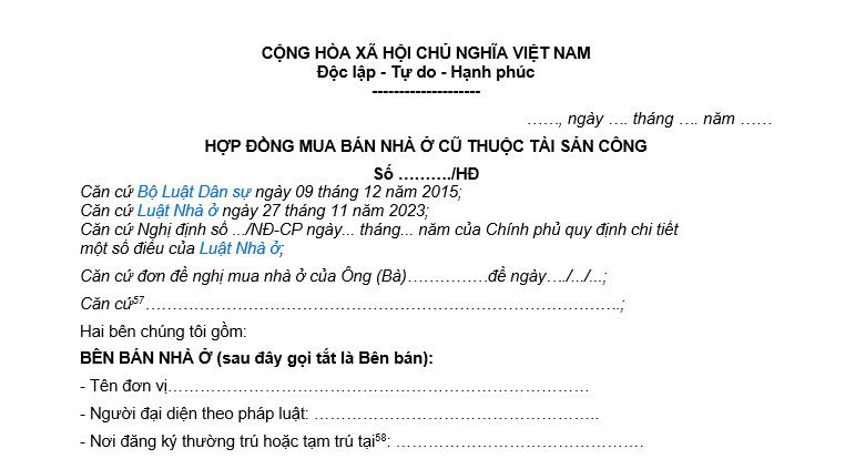 Mẫu hợp đồng mua bán nhà ở cũ thuộc tài sản công mới nhất là mẫu nào? Tải mẫu hợp đồng ở đâu?