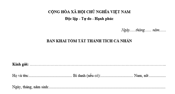 Mẫu Bản khai tóm tắt thành tích cá nhân đề nghị tặng thưởng mới nhất? Tải về?