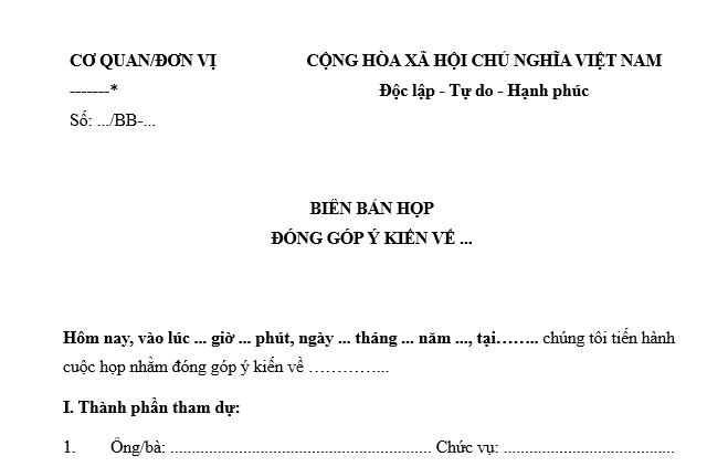 Mẫu Biên bản họp đóng góp ý kiến mới nhất là mẫu nào? Tải về biên bản ...