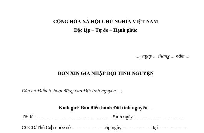 Mẫu đơn xin gia nhập đội tình nguyện mới nhất là mẫu nào? Tải về đơn xin gia nhập đội tình nguyện?