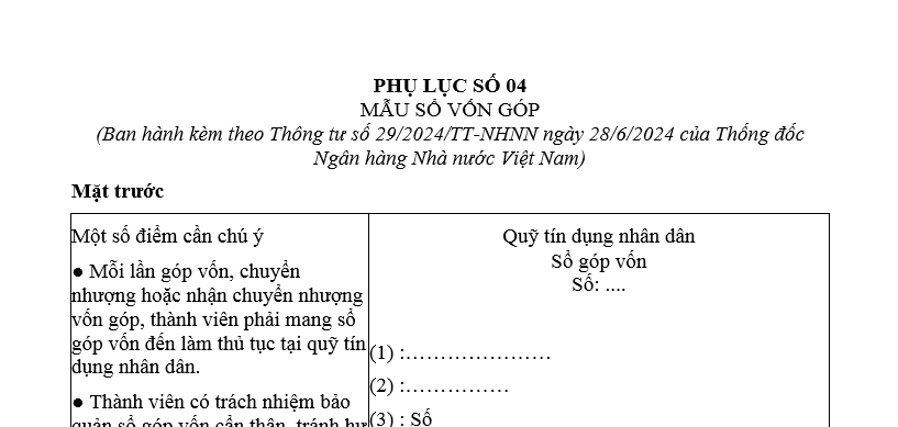 Mẫu số vốn góp của quỹ tín dụng nhân dân là mẫu nào?