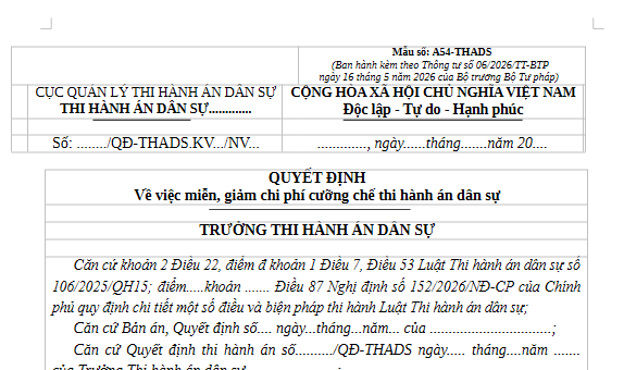 Mẫu Quyết định về việc miễn giảm chi phí cưỡng chế thi hành án dân sự từ 1/7/2026 theo Thông tư 06 là mẫu nào?