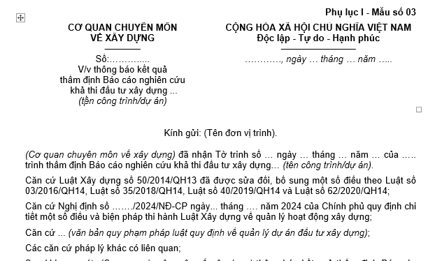 Mẫu số 03 Thông báo kết quả thẩm định Báo cáo nghiên cứu khả thi đầu tư xây dựng theo Nghị định 175?