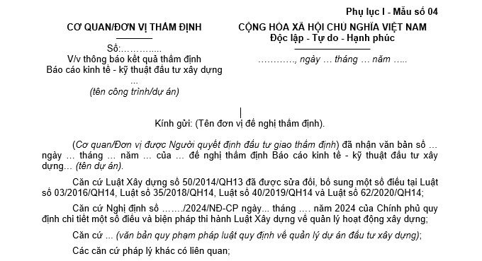 Mẫu số 04 Thông báo kết quả thẩm định Báo cáo kinh tế - kỹ thuật đầu tư xây dựng theo Nghị định 175?