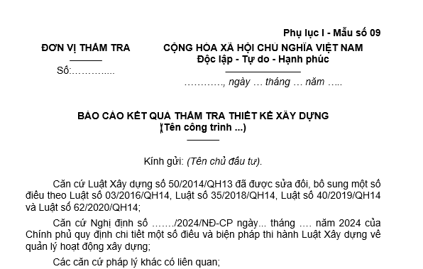 Mẫu Báo cáo kết quả thẩm tra thiết kế xây dựng Nghị định 175