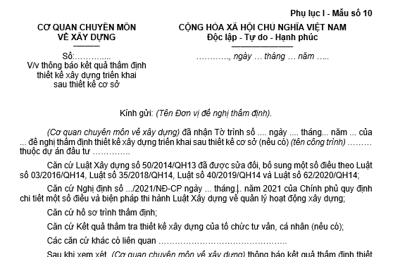 Mẫu số 10 Thông báo kết quả thẩm định thiết kế xây dựng triển khai sau thiết kế cơ sở theo Nghị định 175?