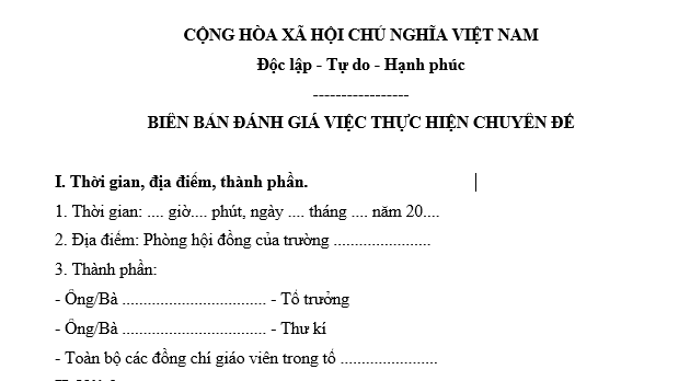 Mẫu biên bản đánh giá thực hiện chuyên đề mới nhất? Tải về biên bản đánh giá thực hiện chuyên đề?
