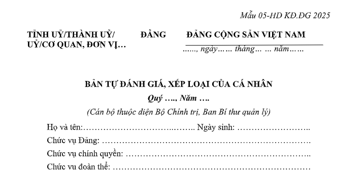 Mẫu viết sẵn Bản tự đánh giá của cá nhân Quý 2 năm 2026? Tải về bản tự đánh giá xếp loại đảng viên quý 2?