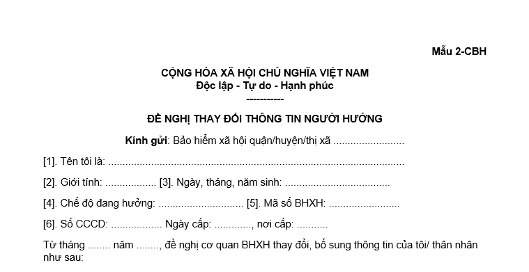 Mẫu đề nghị thay đổi thông tin người hưởng lương hưu 02-CBH​ mới nhất là mẫu nào? Tải về ở đâu?