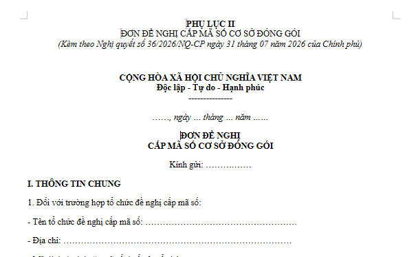 Mẫu Đơn đề nghị cấp mã số cơ sở đóng gói là mẫu nào? Tải về phụ lục 2 Nghị quyết 36 ở đâu?