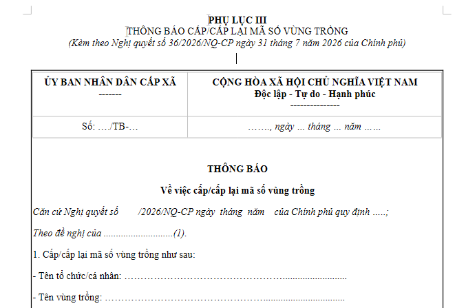 Mẫu Thông báo cấp mã số vùng trồng là mẫu nào? Tải về phụ lục 3 Nghị quyết 36/2026/NQ-CP ở đâu?