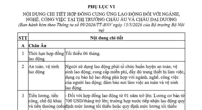 Nội dung hợp đồng cung ứng lao động tại Châu âu gồm những gì theo Thông tư 09? Tải về Phụ lục 6?