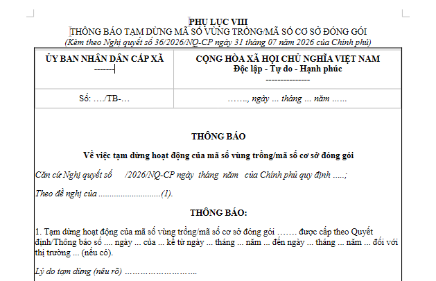Mẫu Thông báo tạm dừng hoạt động của mã số vùng trồng là mẫu nào? Tải về Phụ lục 8 Nghị quyết 36?