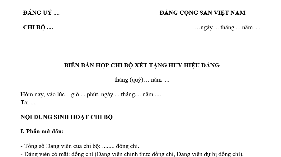 Mẫu biên bản họp chi bộ xét tặng huy hiệu đảng mới nhất là mẫu nào?