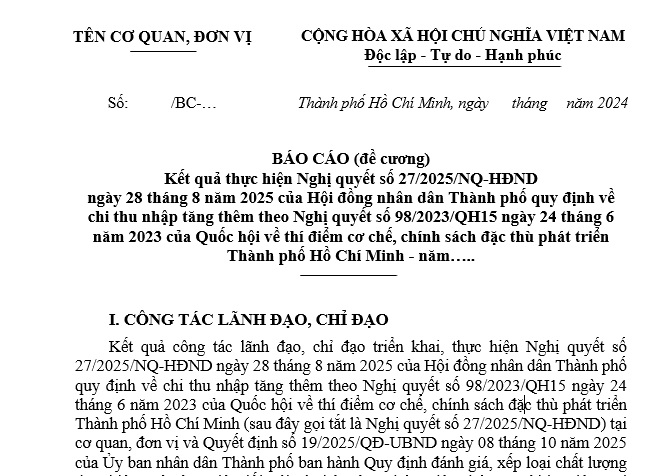 Mẫu Đề cương báo cáo triển khai thực hiện Nghị quyết số 27 về chi thu nhập tăng thêm theo Công văn 6735?