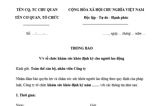 Mẫu thông báo khám sức khỏe định kỳ cho nhân viên công ty mới nhất? Tải về thông báo khám sức người lao động?
