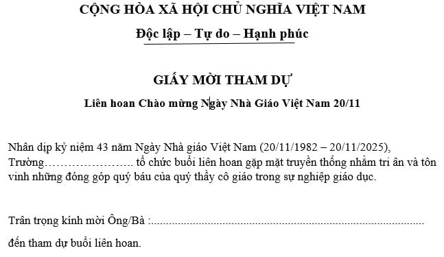 Mẫu giấy mời tham dự liên hoan Ngày Nhà giáo Việt Nam 20/11?