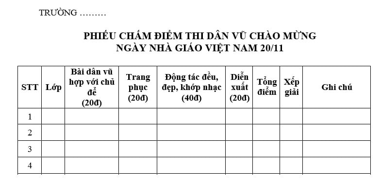 Mẫu phiếu chấm điểm dân vũ 20/11 Ngày Nhà giáo Việt Nam? Tải mẫu phiếu chấm điểm dân vũ 20 tháng 11?