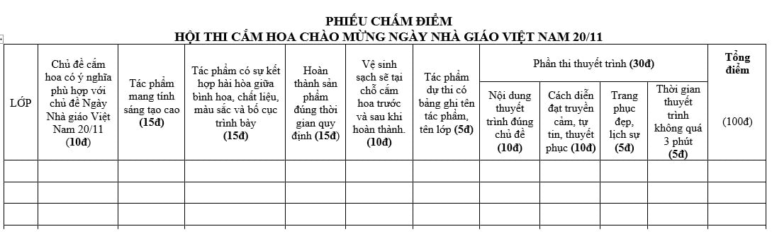 Mẫu phiếu chấm điểm cắm hoa Ngày Nhà giáo Việt Nam 20/11?