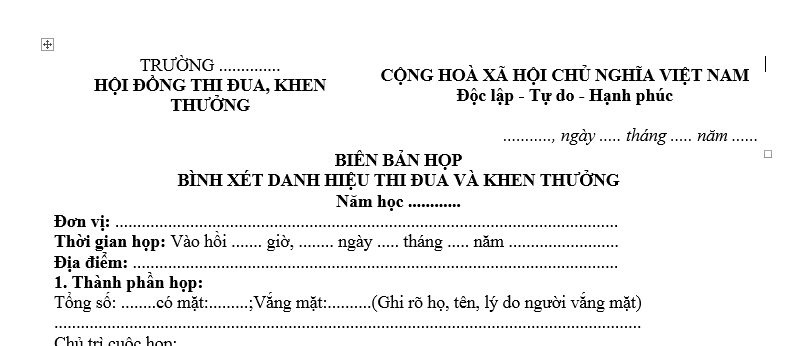 Mẫu Biên bản họp hội đồng thi đua khen thưởng trường Mầm non mới nhất? Hội đồng thi đua khen thưởng gồm những ai?