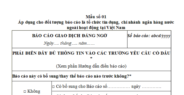 Mẫu báo cáo giao dịch đáng ngờ áp dụng cho đối tượng báo cáo là tổ chức tín dụng