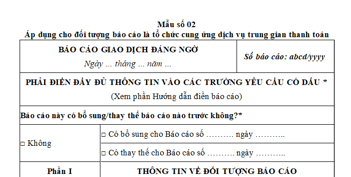 Mẫu báo cáo giao dịch đáng ngờ áp dụng cho tổ chức cung ứng dịch vụ trung gian thanh toán theo Thông tư 27?