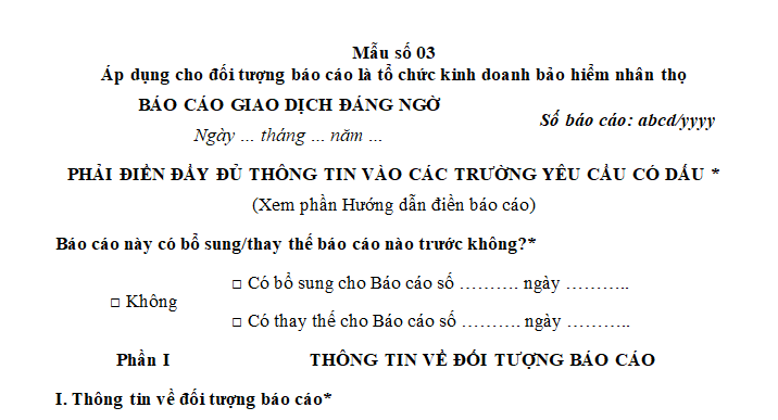 Hướng dẫn điền báo cáo giao dịch đáng ngờ áp dụng cho tổ chức kinh doanh bảo hiểm nhân thọ theo Thông tư 27?