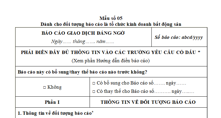 Hướng dẫn điền báo cáo giao dịch đáng ngờ áp dụng cho đối tượng báo cáo là tổ chức kinh doanh bất động sản