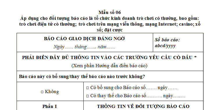 Mẫu báo cáo giao dịch đáng ngờ áp dụng cho đối tượng báo cáo là tổ chức kinh doanh trò chơi có thưởng