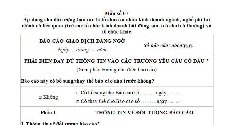 Mẫu báo cáo giao dịch đáng ngờ áp dụng cho đối tượng báo cáo là tổ chức/cá nhân kinh doanh ngành, nghề phi tài chính có liên quan