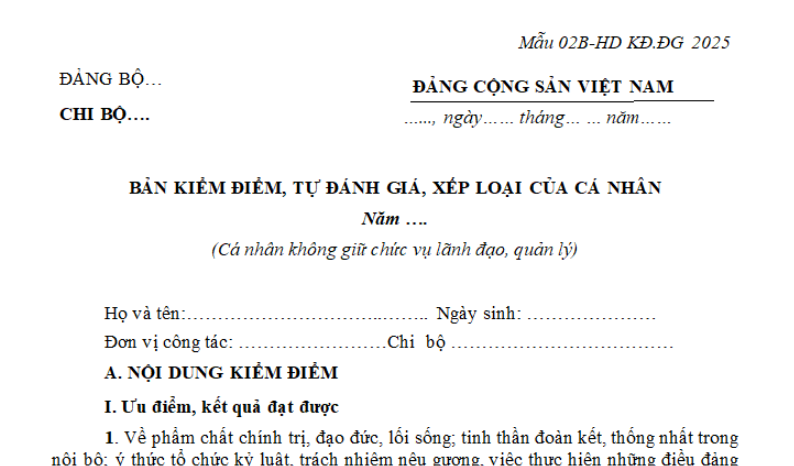 Mẫu 02B-HD KĐ.ĐG Bản kiểm điểm cá nhân năm 2025 dành cho đối tượng nào? Bản kiểm điểm cá nhân năm 2025 mẫu 2B?
