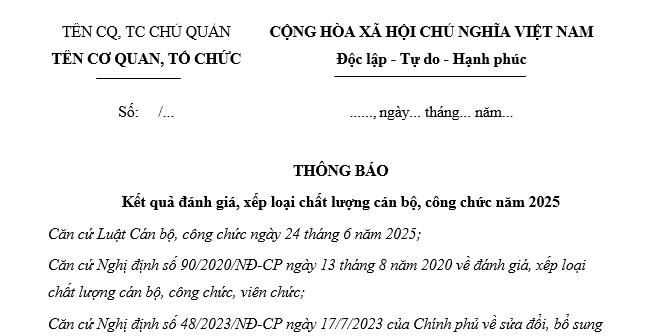 Mẫu Thông báo kết quả đánh giá xếp loại chất lượng Cán bộ công chức cuối năm mới nhất? Tải về ở đâu?