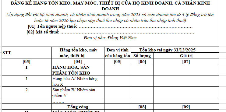 File Excel Bảng kê hàng tồn kho Hộ kinh doanh năm 2026?