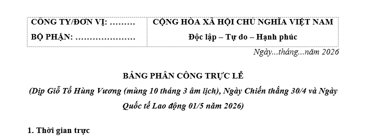 Mẫu Bảng phân công trực lễ Giỗ Tổ Hùng Vương và lễ 30/4 - 1/5 năm 2026 mới nhất là mẫu nào? Tải về?