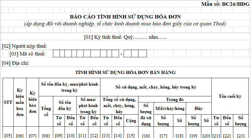 File excel Mẫu báo cáo tình hình sử dụng hóa đơn 2026 mới nhất? Tải về báo cáo sử dụng hóa đơn file excel?
